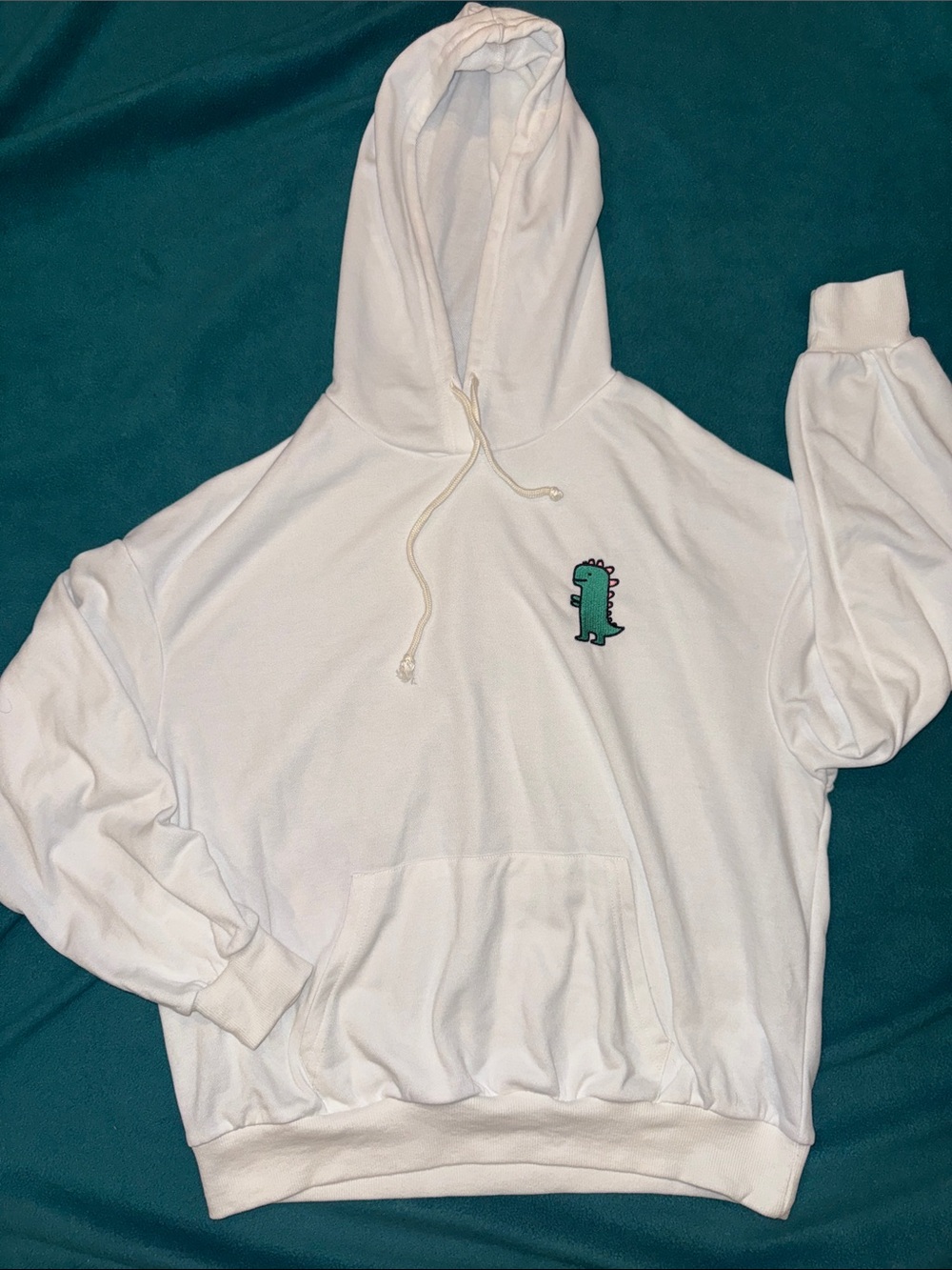 White Hoodie with Small Green Dino Embroidery Unisex Size XS. Oversized